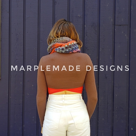 NWT* Handmade wrap scarf💜 MarpleMade Designs,  the Mix Up scarf, denim/orange - Picture 5 of 11